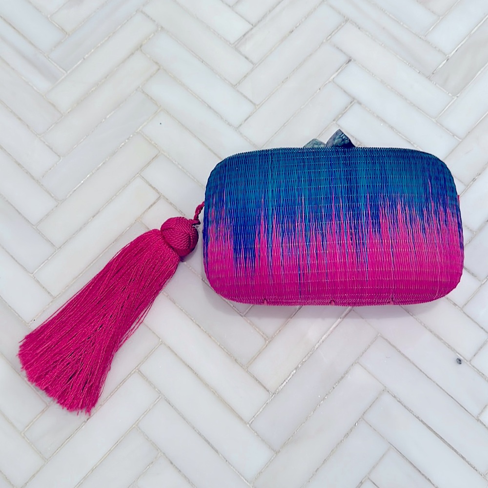 Serpui Marie Marrakech Minaudiere Evening Ombré Pink Aqua Tassel Clutch